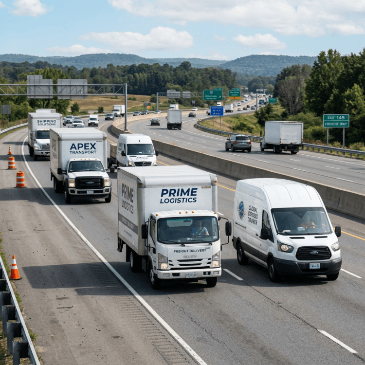 Multiple delivery trucks and vans driving on a multi-lane highway with green exit signs and hills in the background